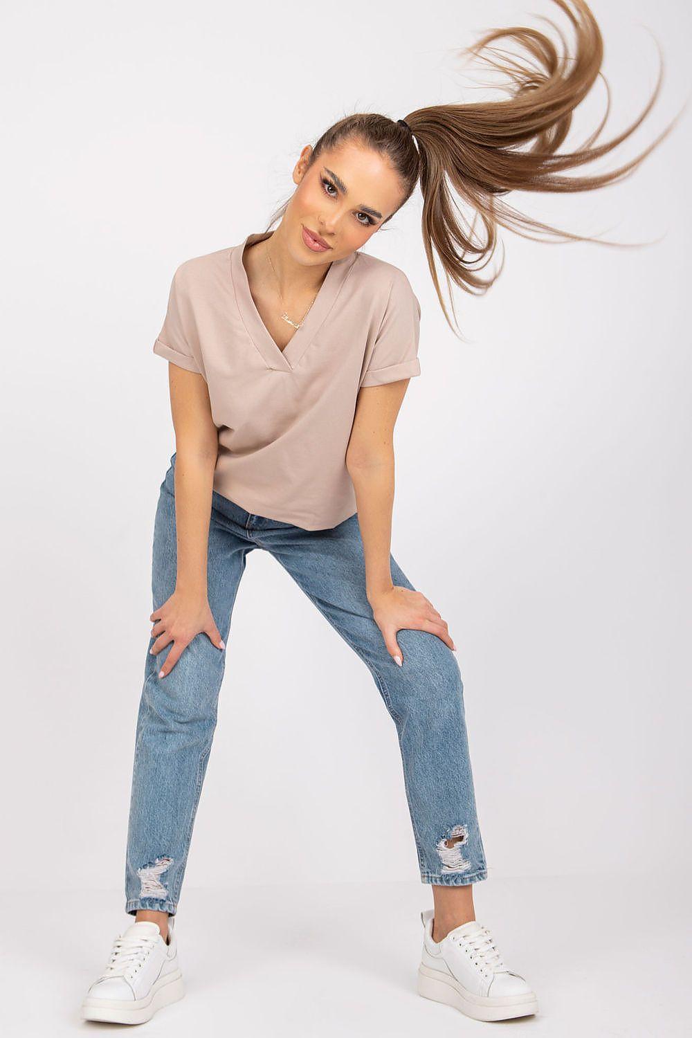 Beige V-neck cotton-blend T-shirt with short sleeves