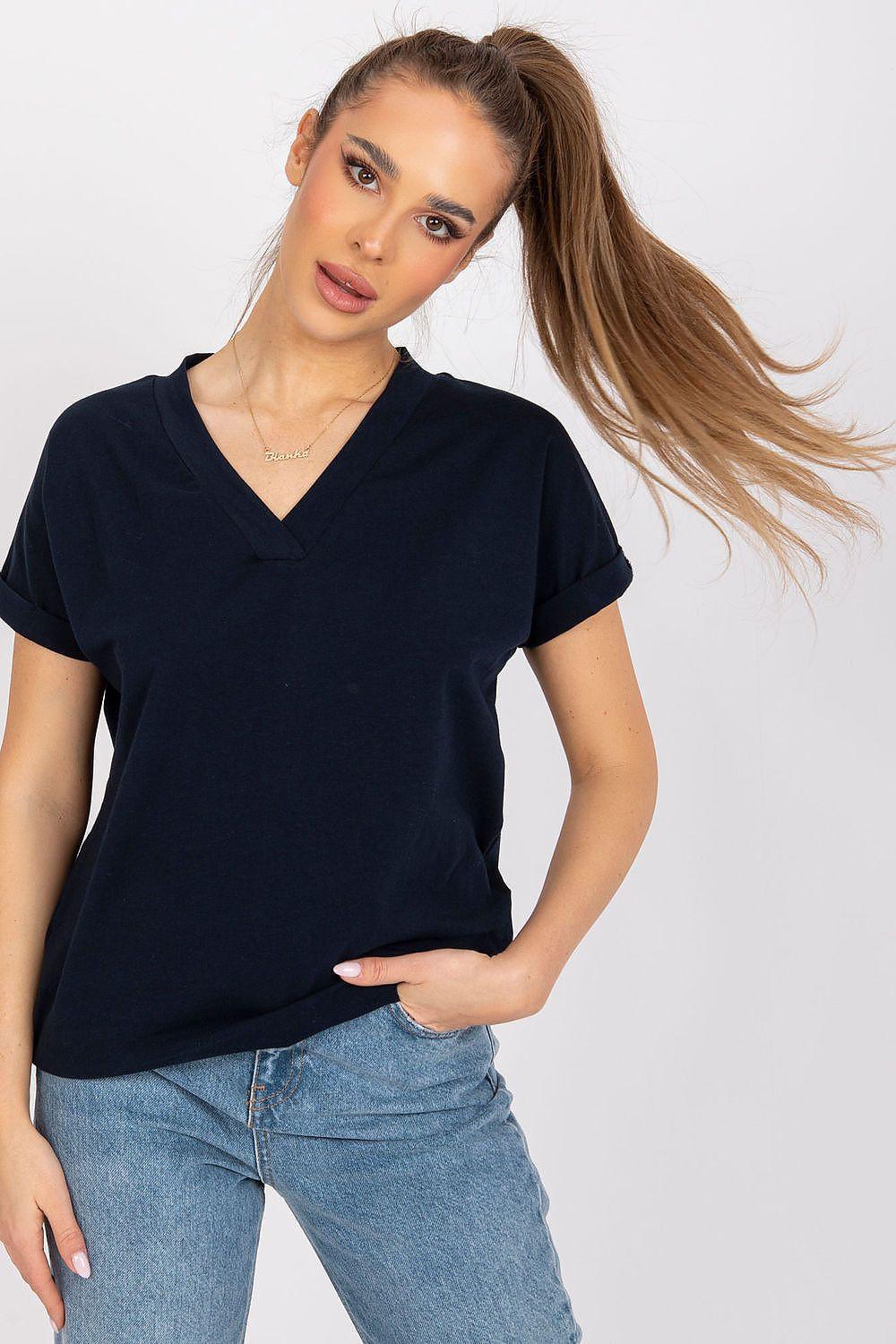 Navy blue V-neck short-sleeve T-shirt with a straight hem.