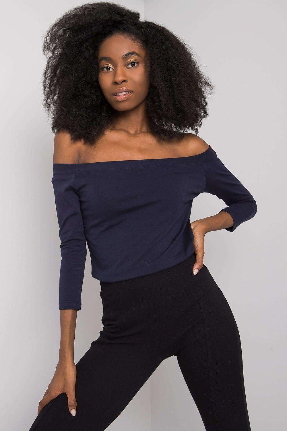 Navy off-shoulder blouse with 3/4 sleeves, gathered neckline