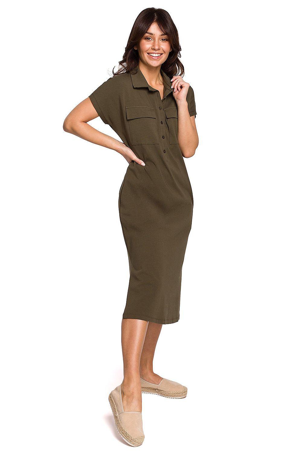 Olive green button-front short-sleeve daydress with collar and side slit