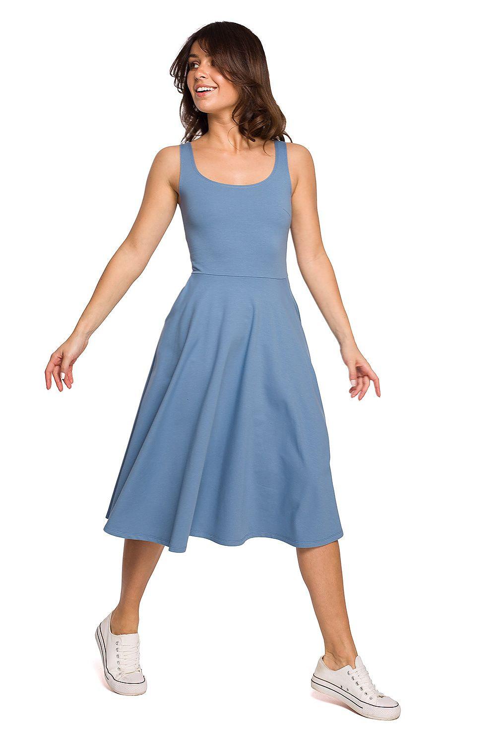 Blue sleeveless midi daydress with scoop neckline and flared skirt