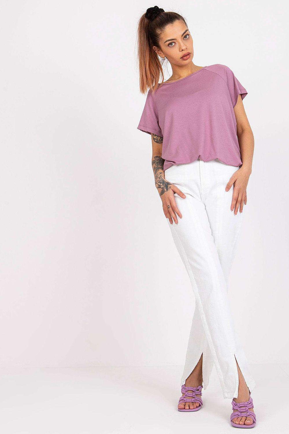 Pink short-sleeve blouse with relaxed fit and round neckline