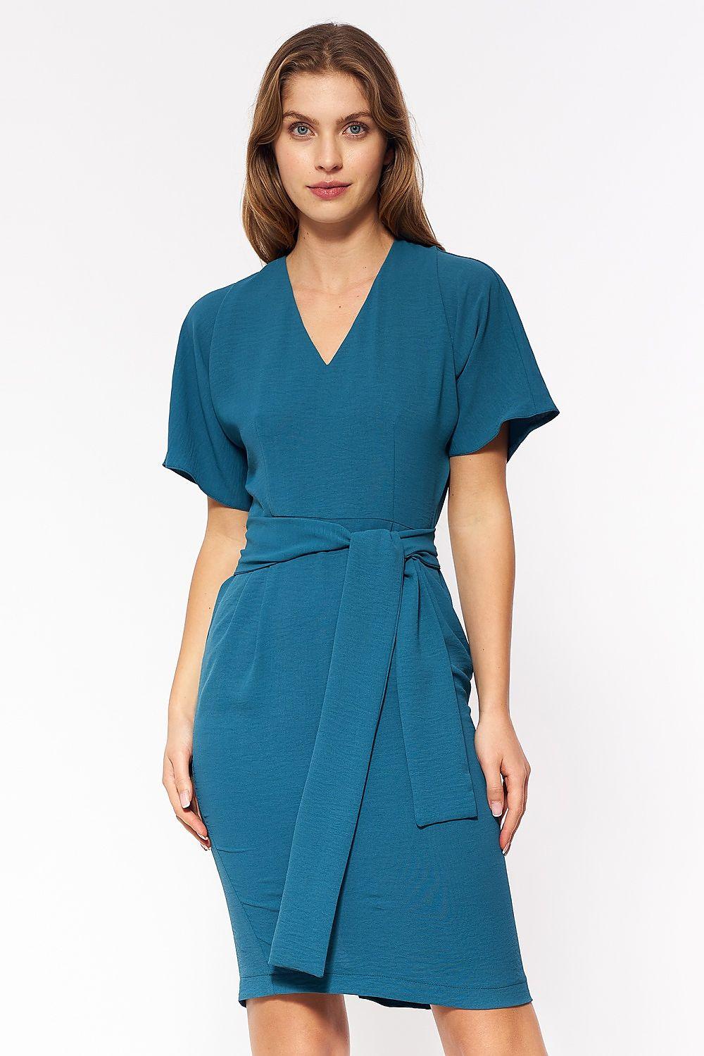 Teal V-neck day dress with short sleeves and tied waist belt, knee-length