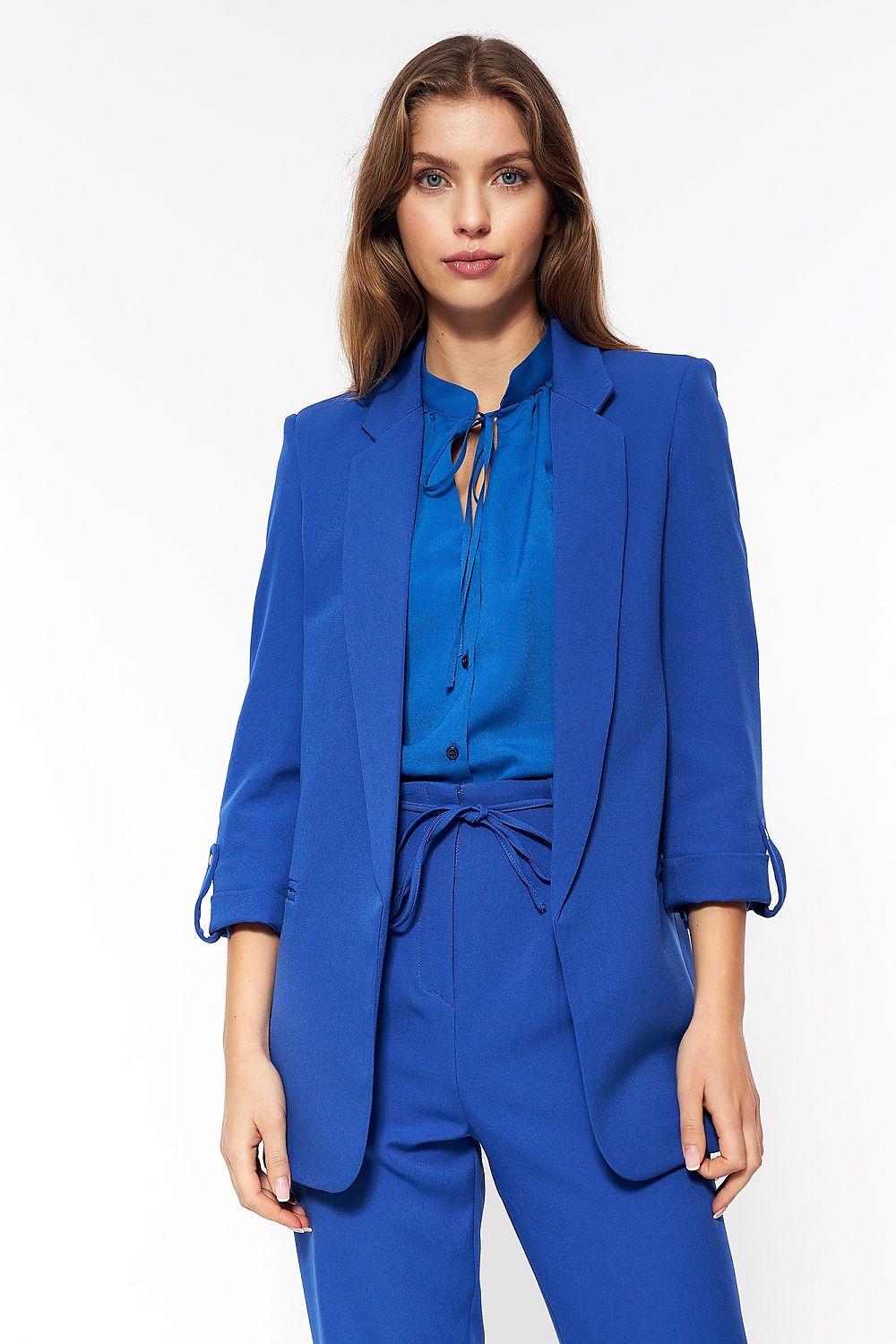 Cornflower-blue oversize jacket with drawstring front, flap pockets, rolled sleeves