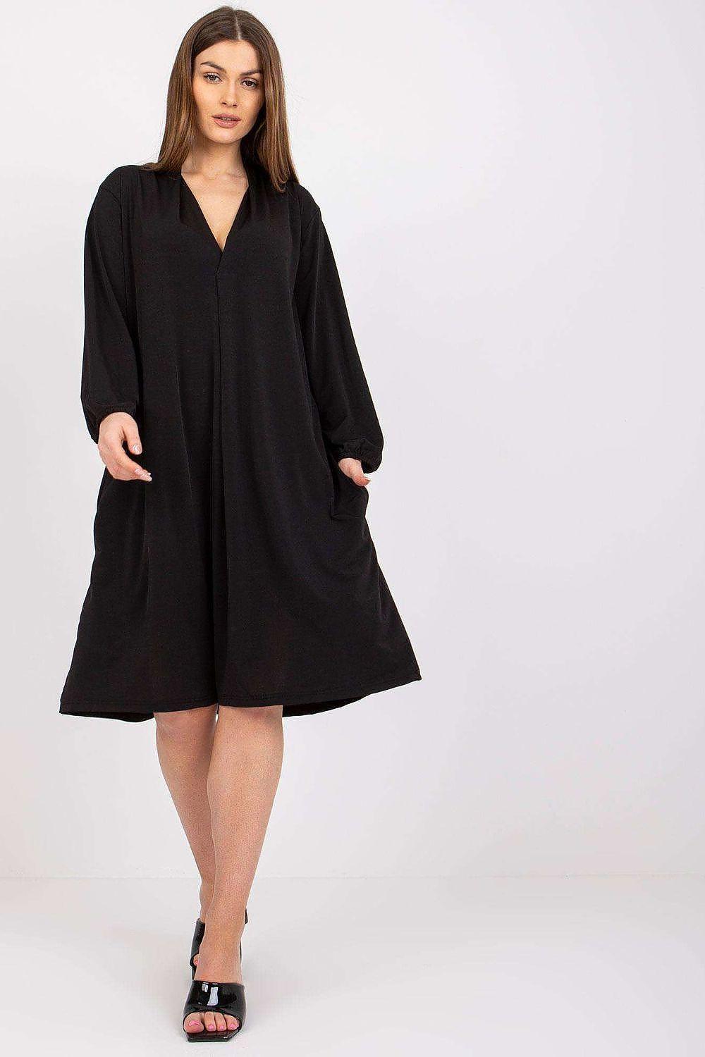 Ex Moda black daydress with V-neck, long sleeves, side pockets, loose fit