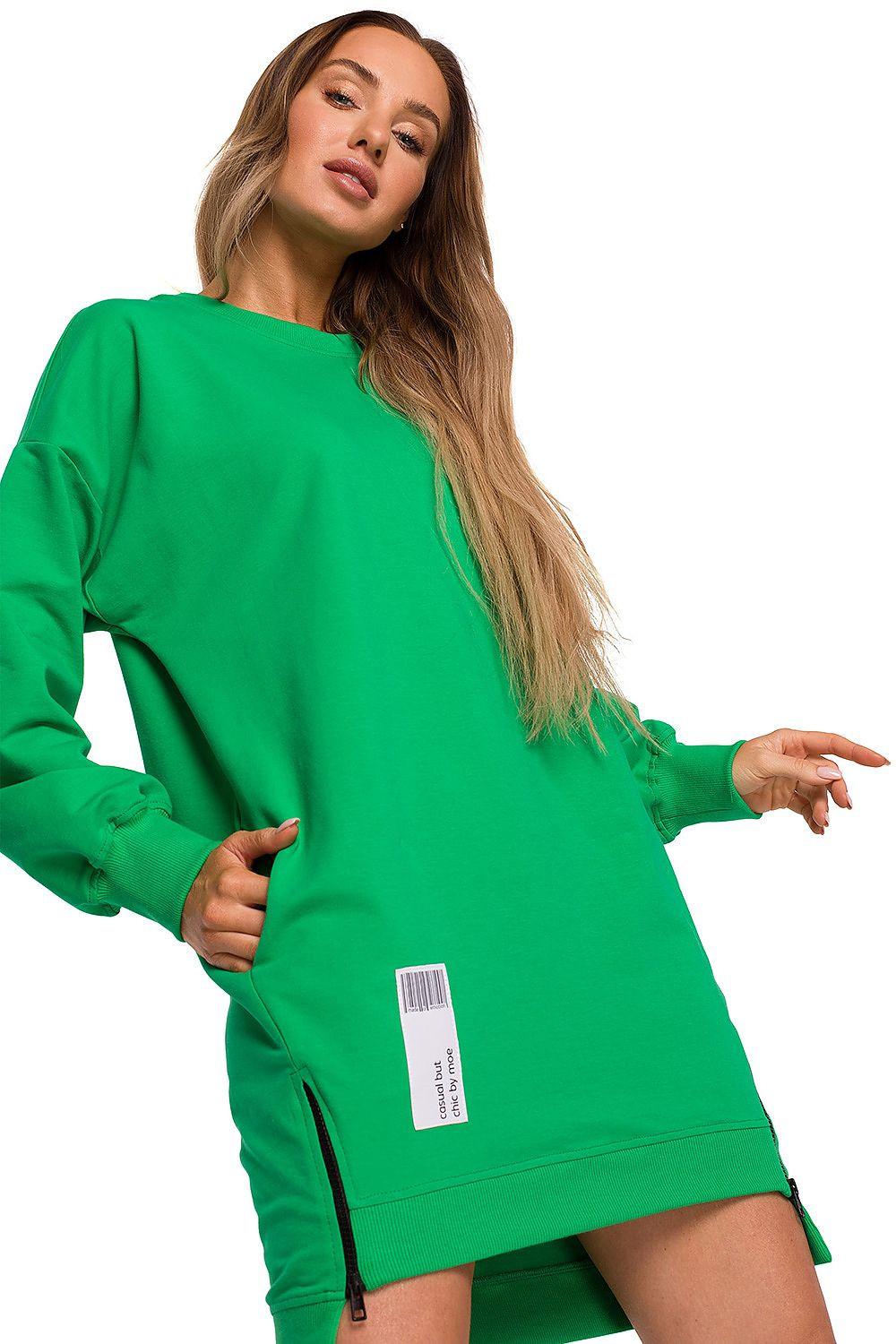 Green sweatshirt dress with long sleeves, crew neck, and side slit hems