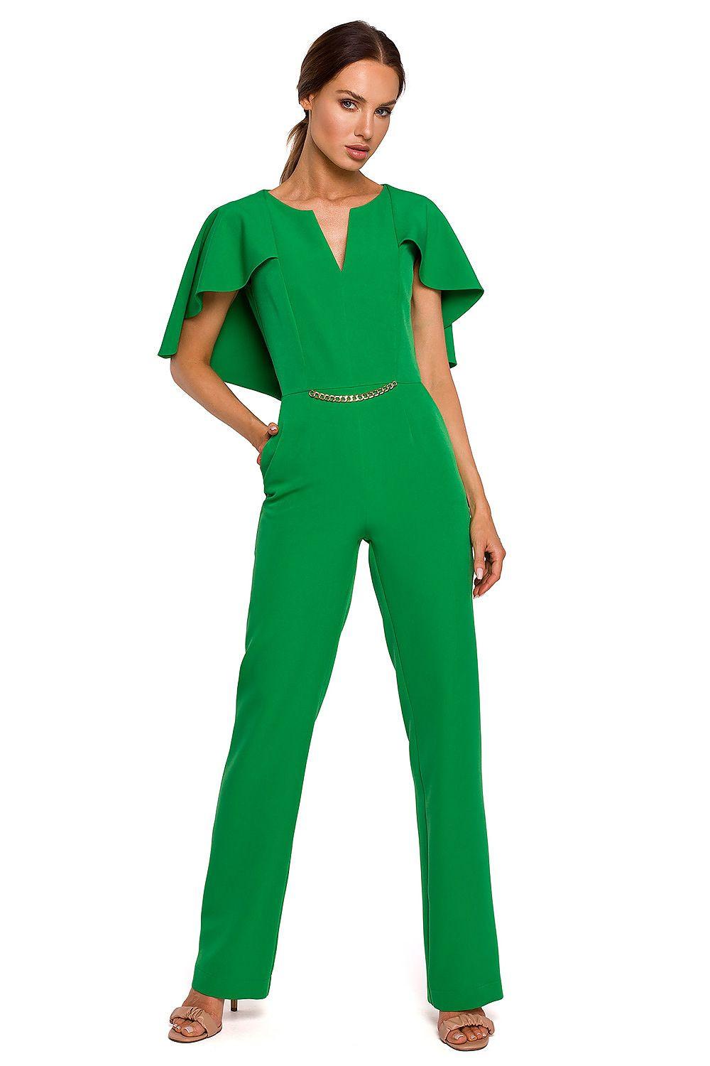 Green V-neck jumpsuit with short flutter sleeves and wide-leg trousers