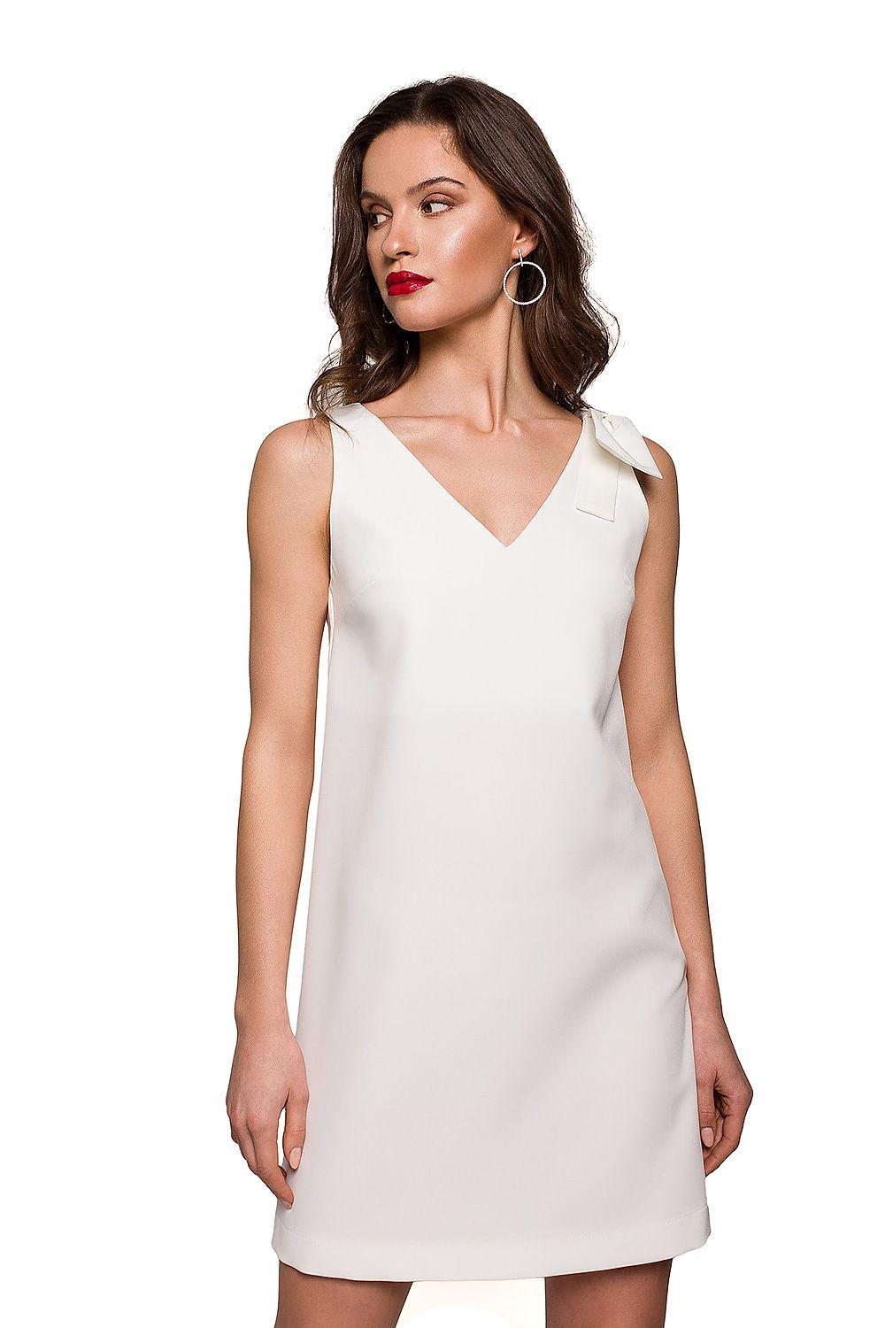 Makover daydress in light beige, sleeveless V-neck with bow-collar detail