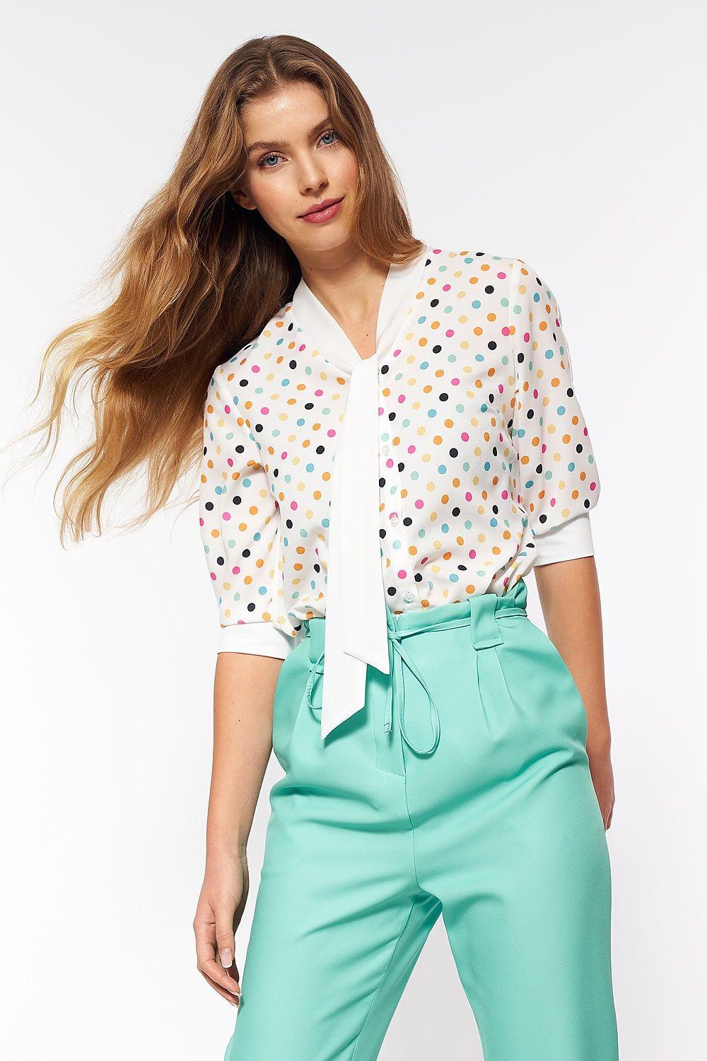 Nife short-sleeve shirt, white multicolor dot print, button front, pointed collar