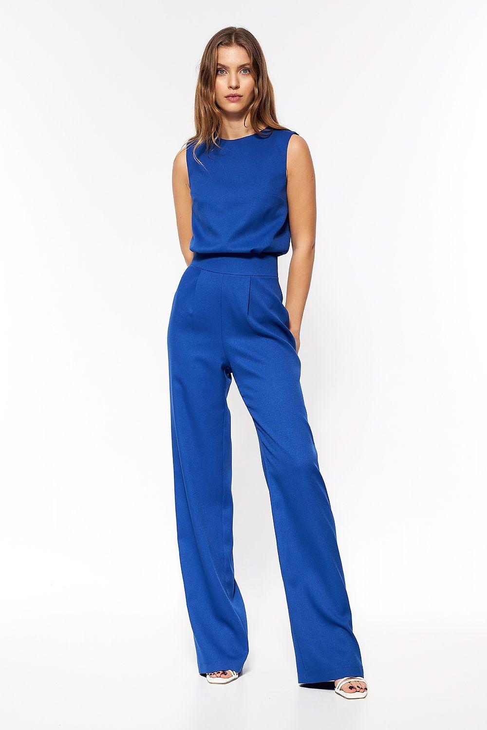 Blue sleeveless jumpsuit with wide-leg trousers and fitted waist