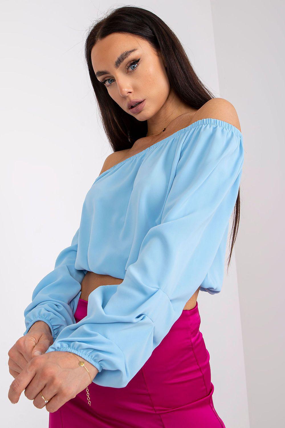 Light blue off-shoulder blouse with wide long sleeves and gathered neckline