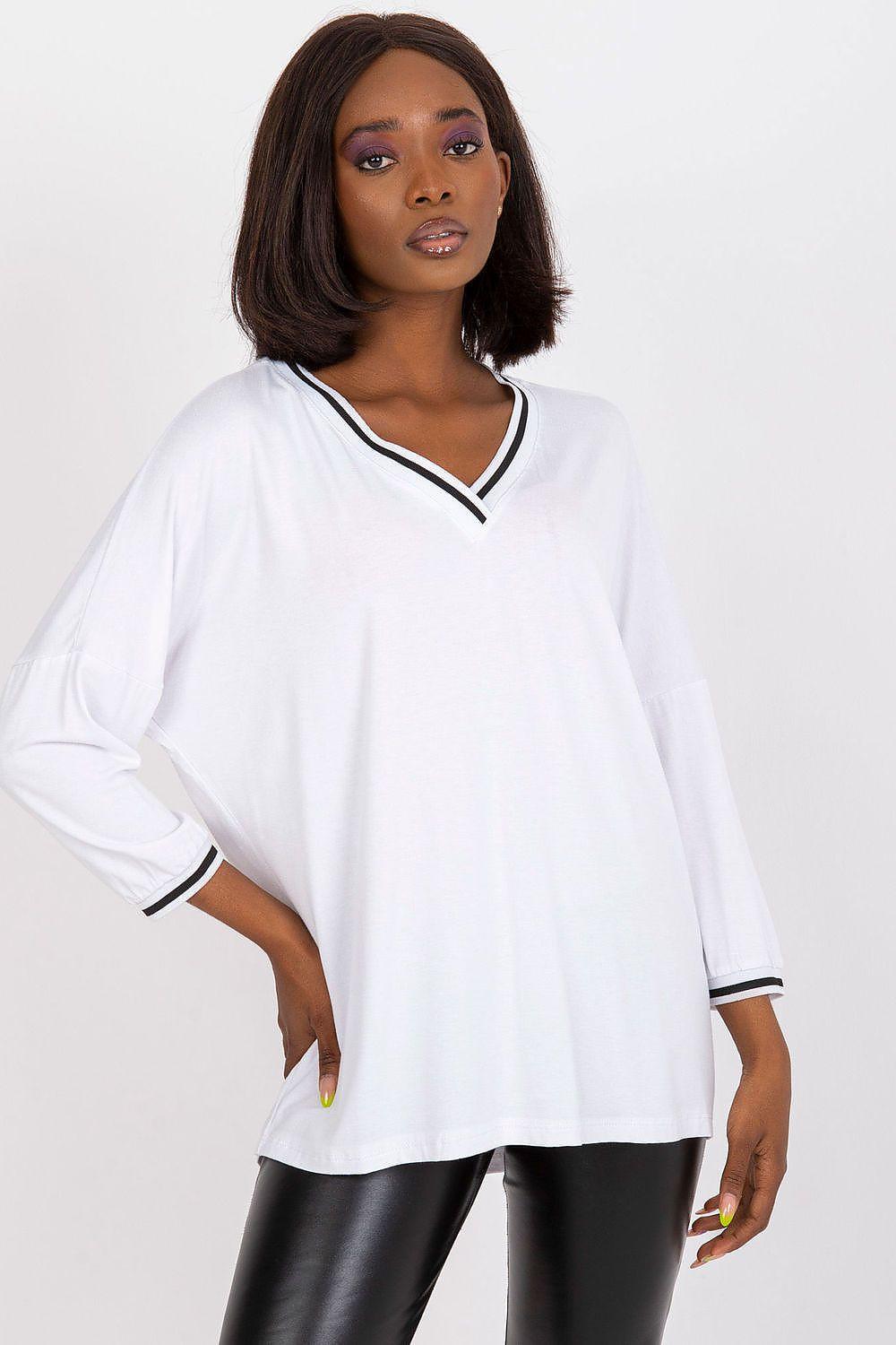 White V-neck blouse with 3/4 sleeves and black-trimmed neckline, relaxed fit