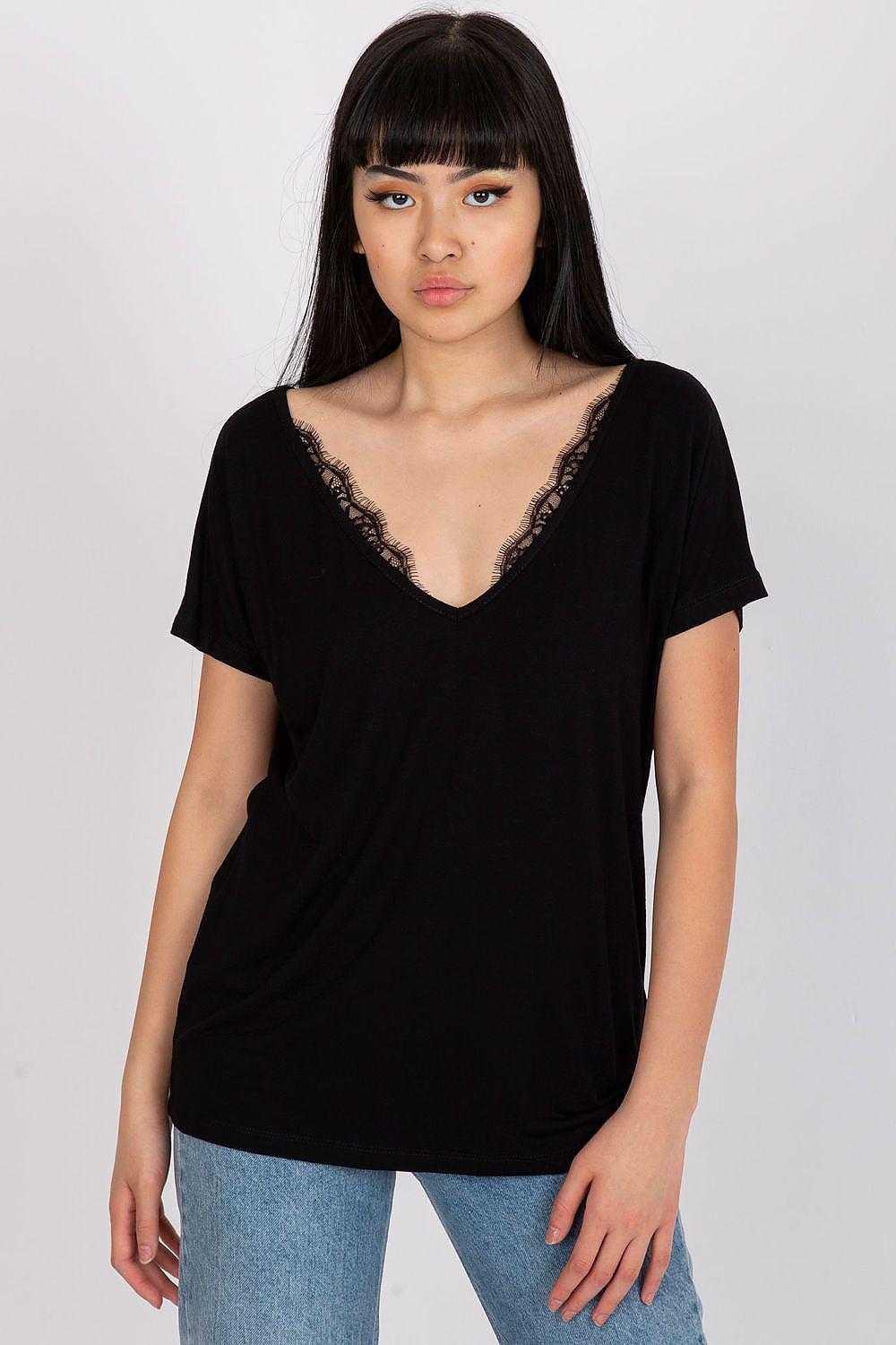 Black V-neck T-shirt with lace-trimmed neckline and short sleeves