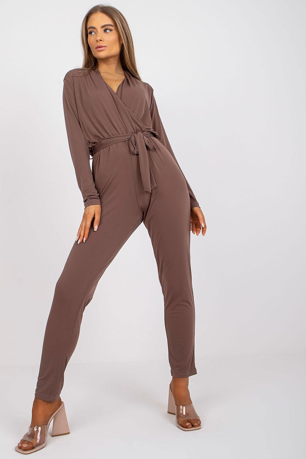 Brown long-sleeve jumpsuit with waist tie