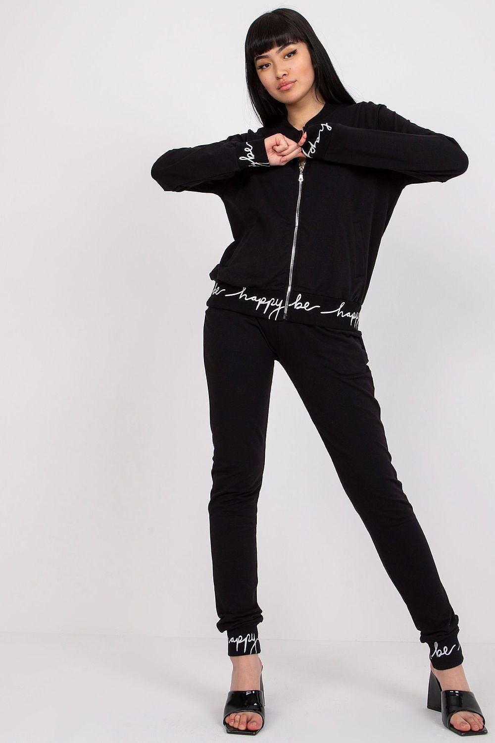 Black lounge set with zip-up hoodie and jogger pants, ribbed cuffs, drawstring hem