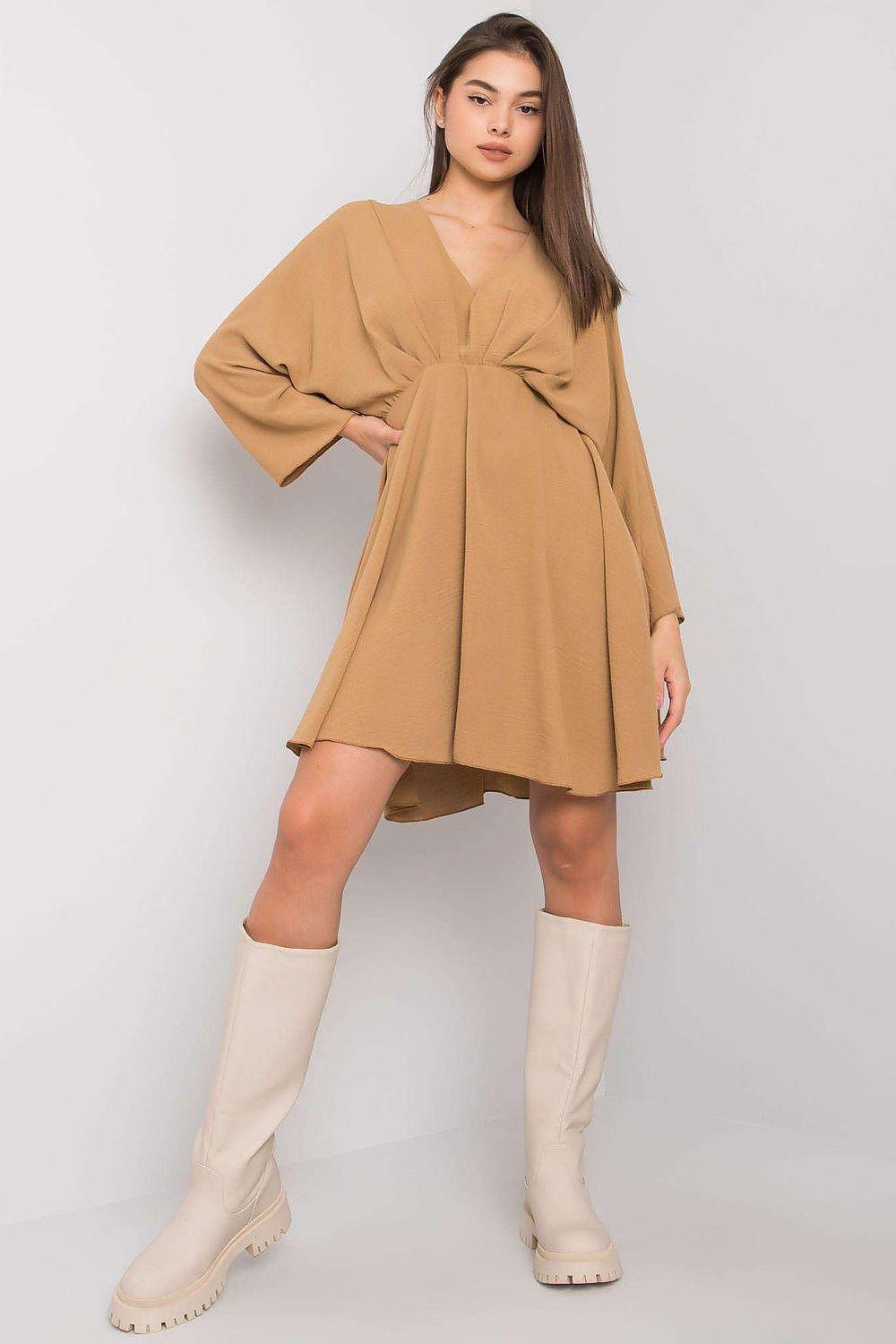 Beige day dress with V-neck, gathered waist tie, loose bell sleeves, above-knee hem