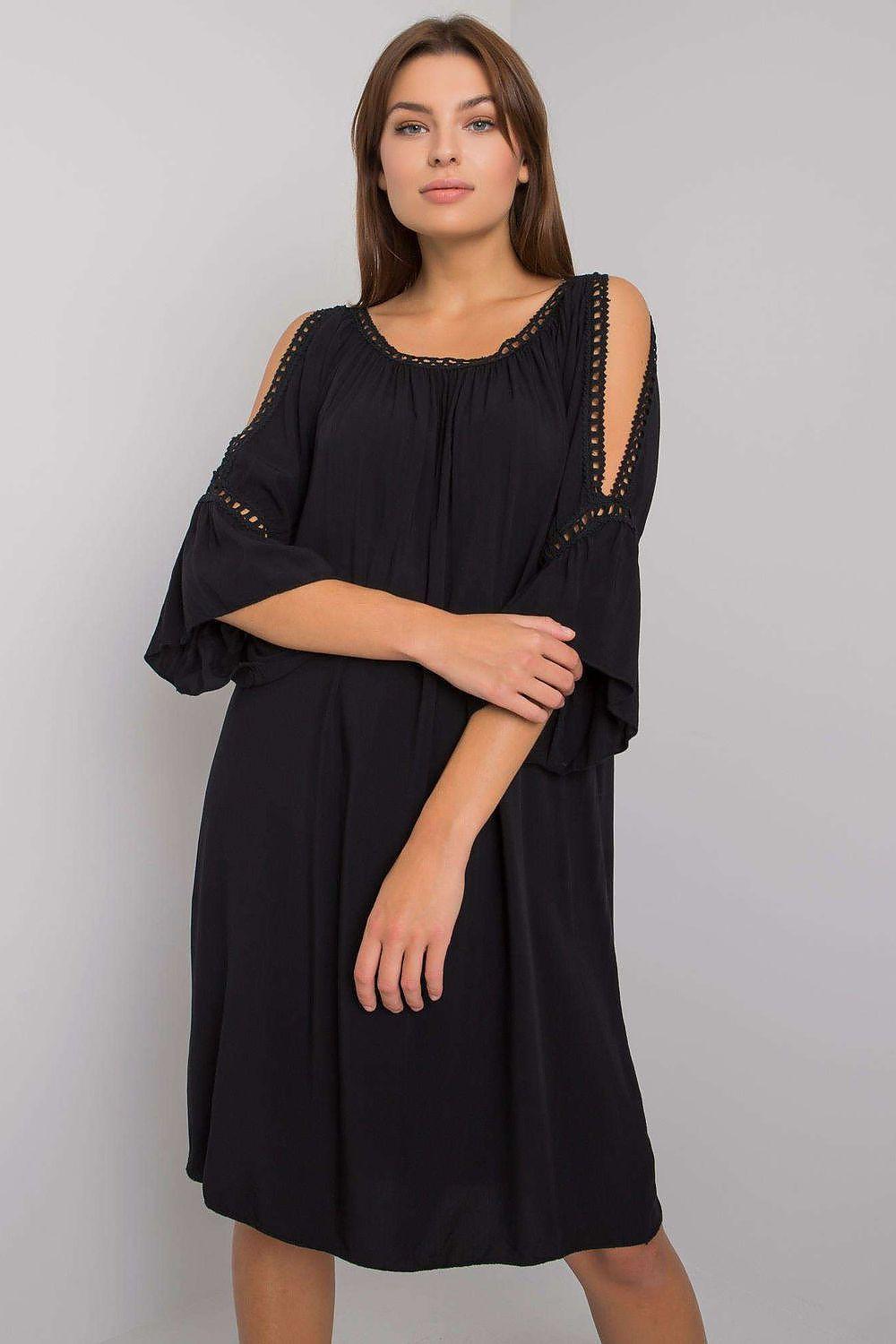 Black daydress with cold-shoulder cutouts and bead-trimmed neckline, short sleeves
