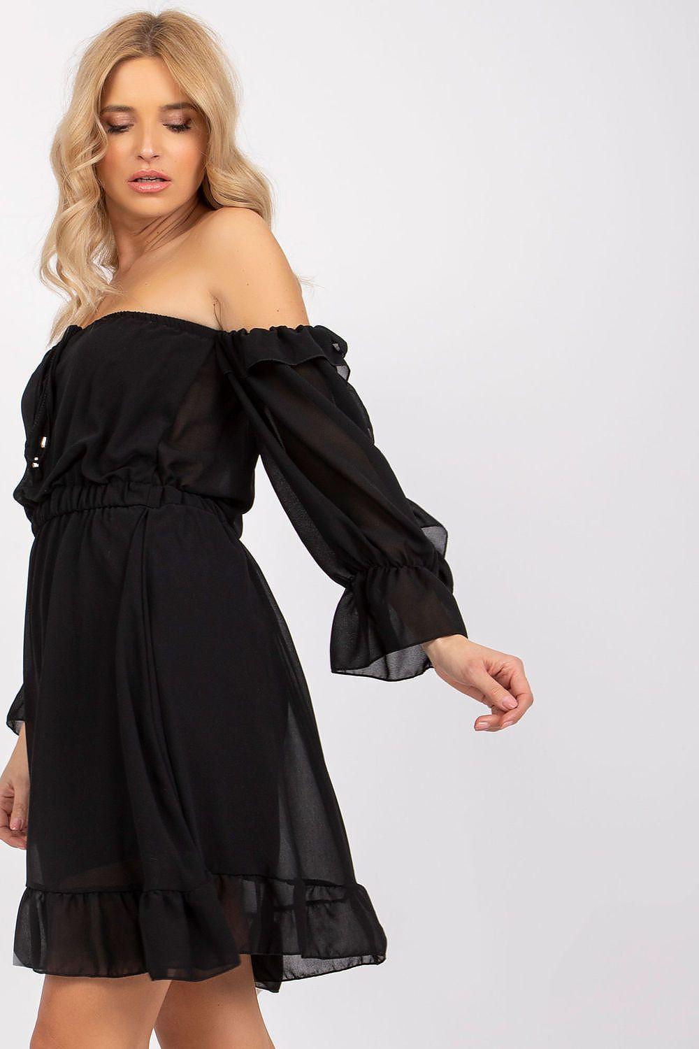 Black off-shoulder mini daydress with gathered bodice and layered ruffle hem