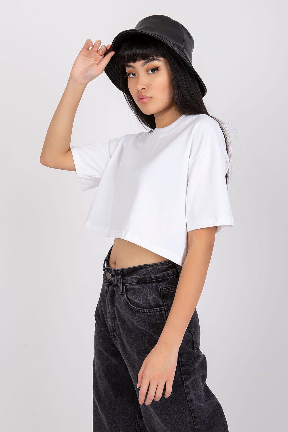 White cropped crew-neck T-shirt with short sleeves and a loose, boxy fit