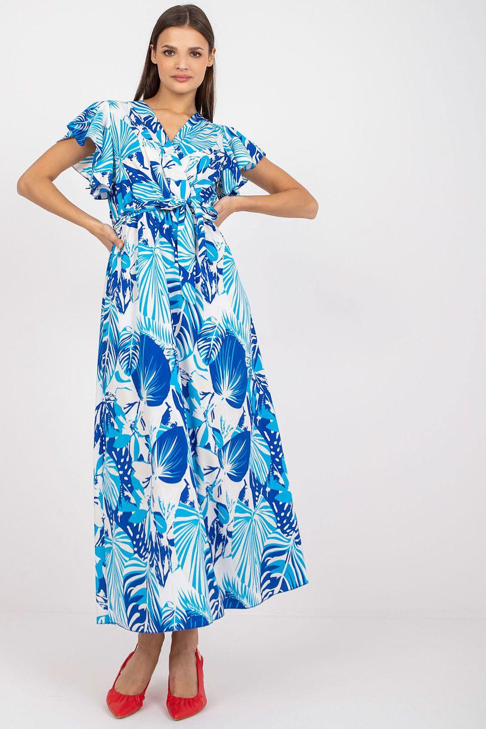 Blue leaf-print daydress with gathered cap sleeves and tie waist, midi length
