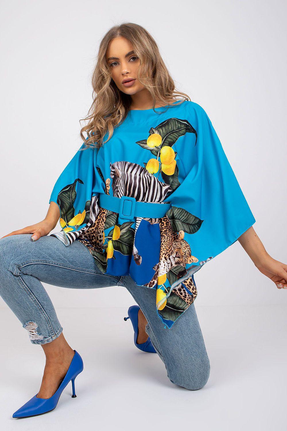 Belted 3/4-sleeve blouse, bright blue with floral and animal print