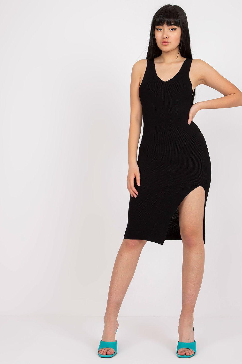 Black sleeveless V-neck daydress with side slit, fitted midi length