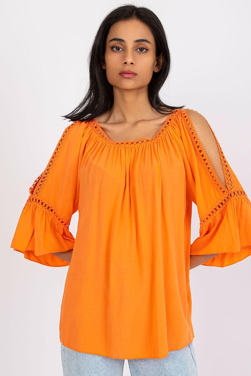Orange Och Bella blouse with decorative slit, eyelet trim, 3/4 flared sleeves