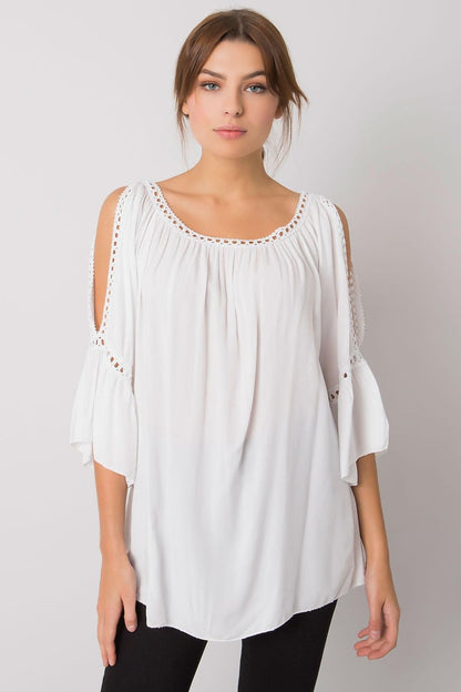 White cold-shoulder blouse with lace trim and three-quarter sleeves