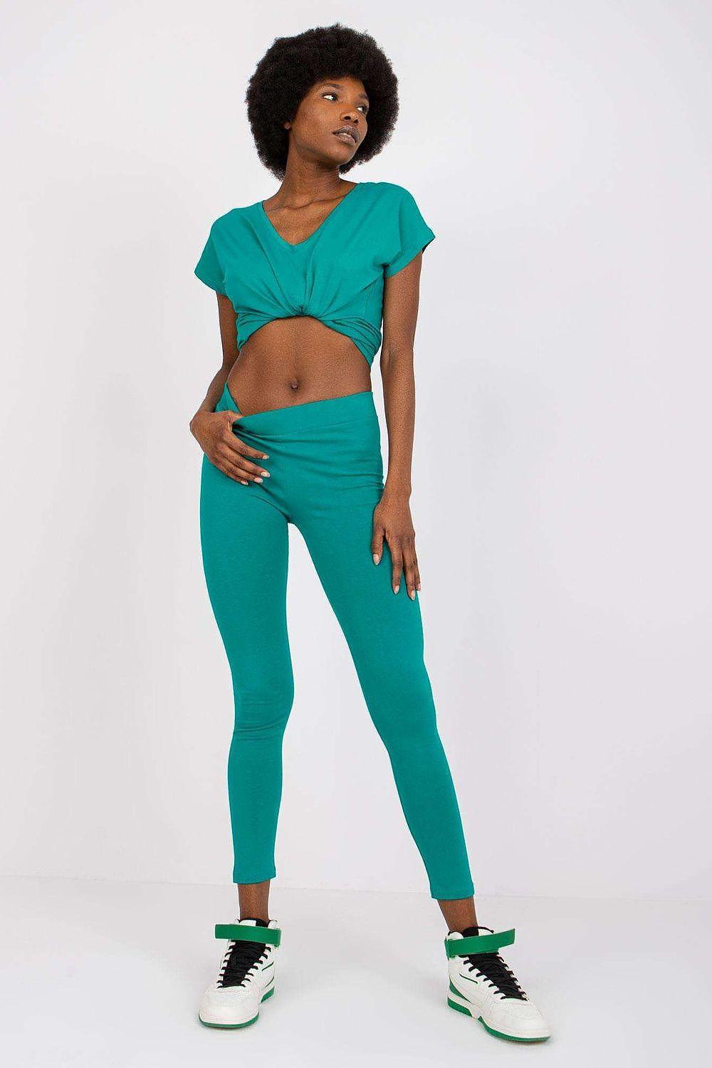 High-waist cotton leggings, teal green, full-length with gathered front waistband