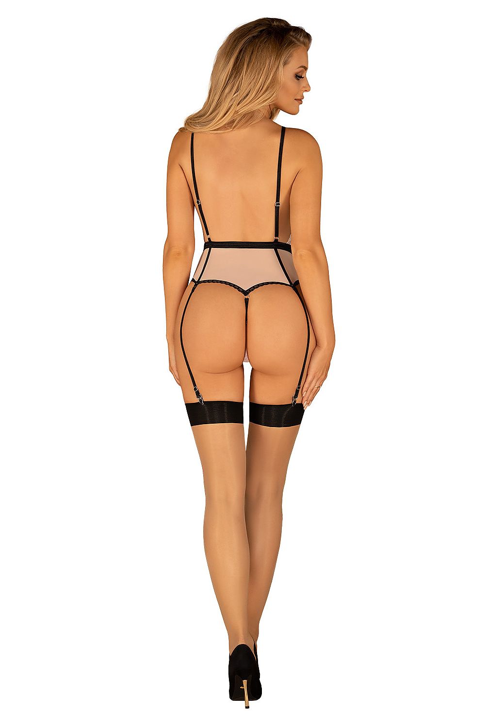 Pink lace shapewear bodysuit with black garter straps and open-back design