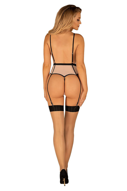 Pink lace shapewear bodysuit with black garter straps and open-back design