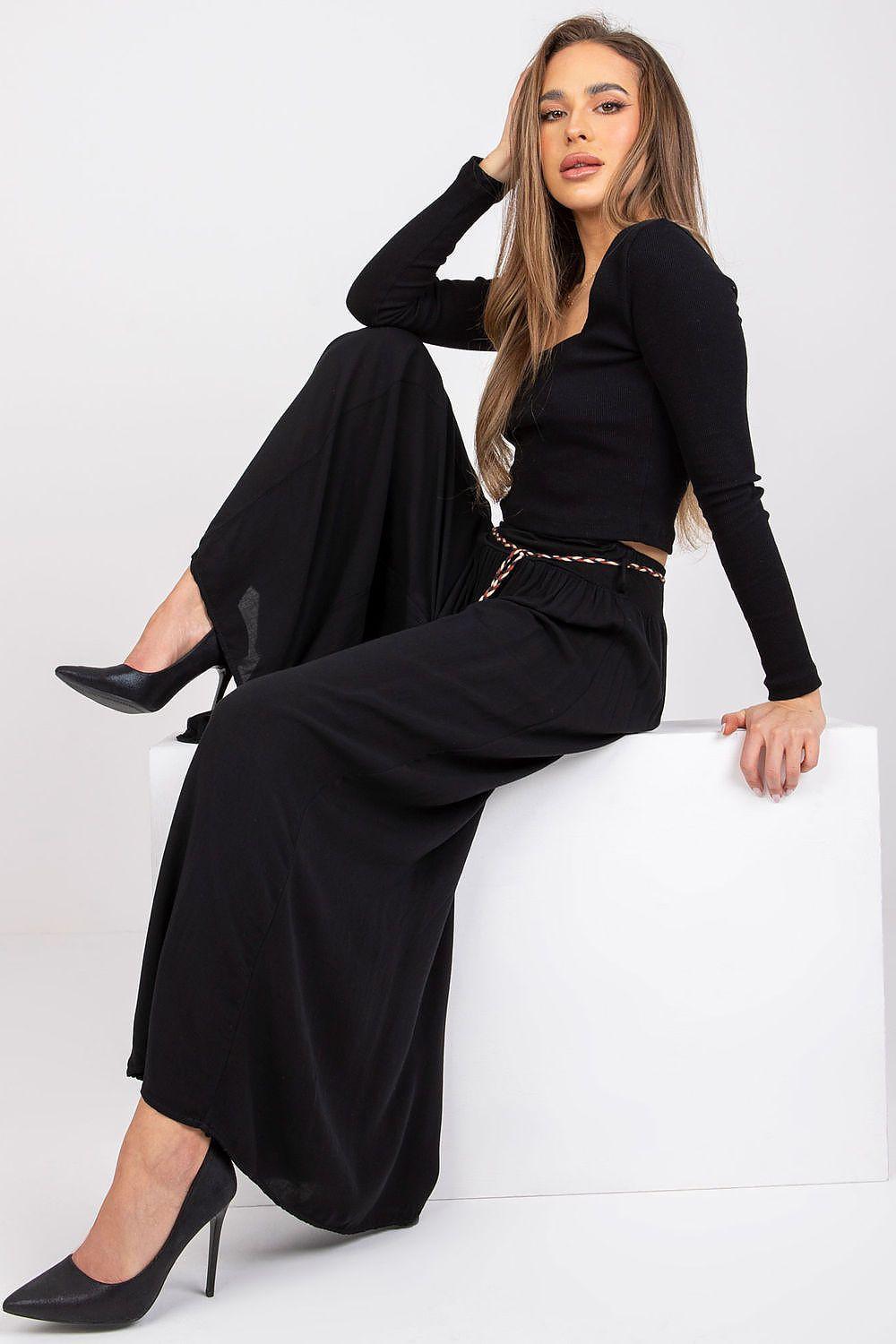 High-waist wide-leg trousers in black viscose, with tailored waistband and draped legs
