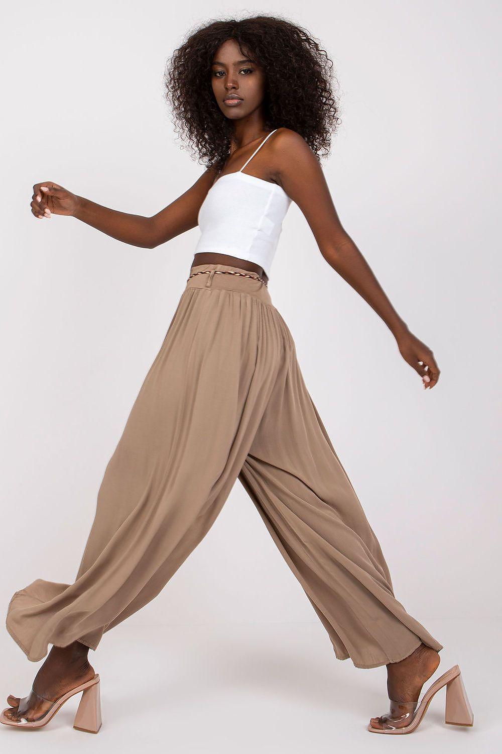 Women’s beige wide-leg trousers, elastic waist, gathered front