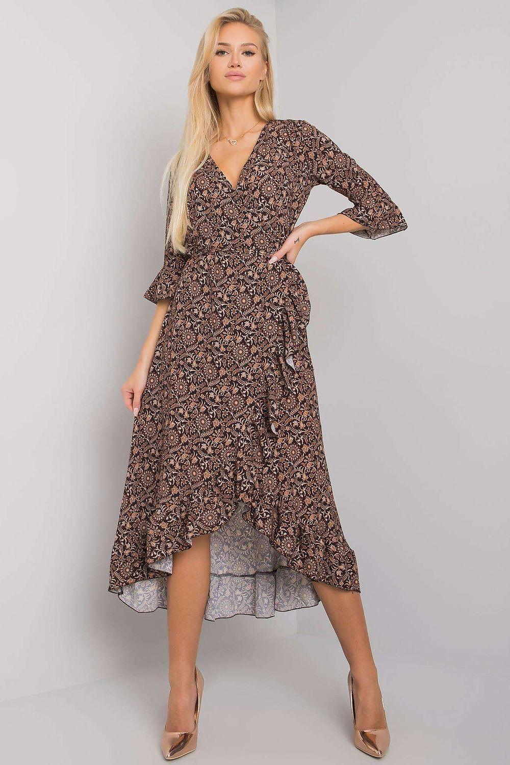 Brown patterned daydress with V-neck, three-quarter flared sleeves, ruffled hem