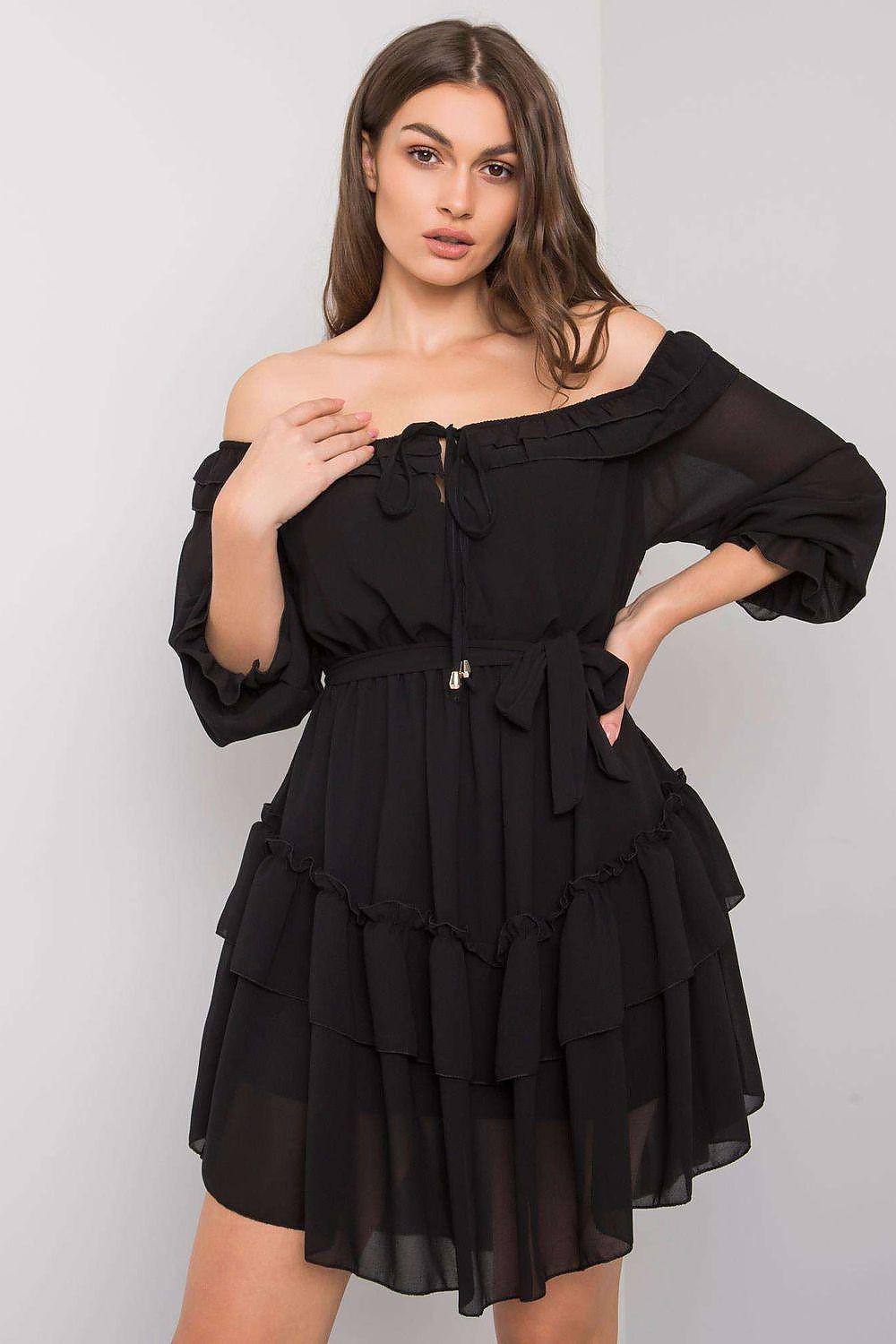 Black off-shoulder day dress with layered ruffles, waist tie belt, long sleeves