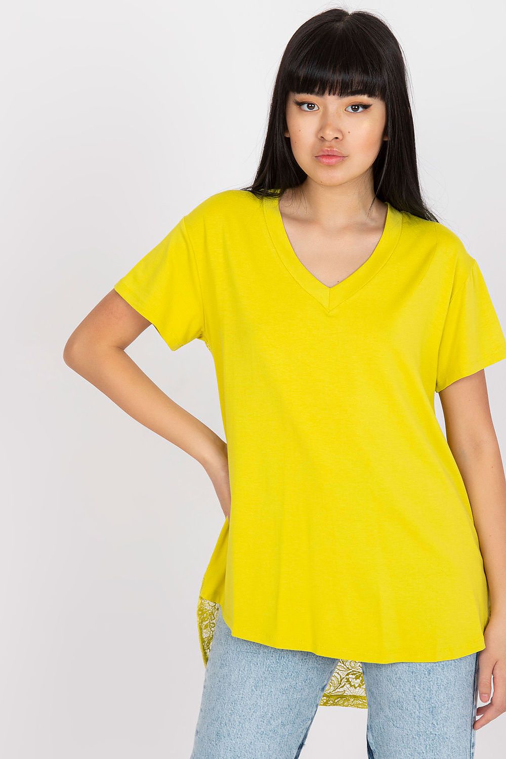 Yellow lace-back blouse with V-neck and short sleeves, plain front