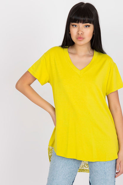 Yellow lace-back blouse with V-neck and short sleeves, plain front