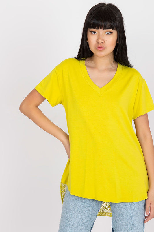 Yellow lace-back blouse with V-neck and short sleeves, plain front