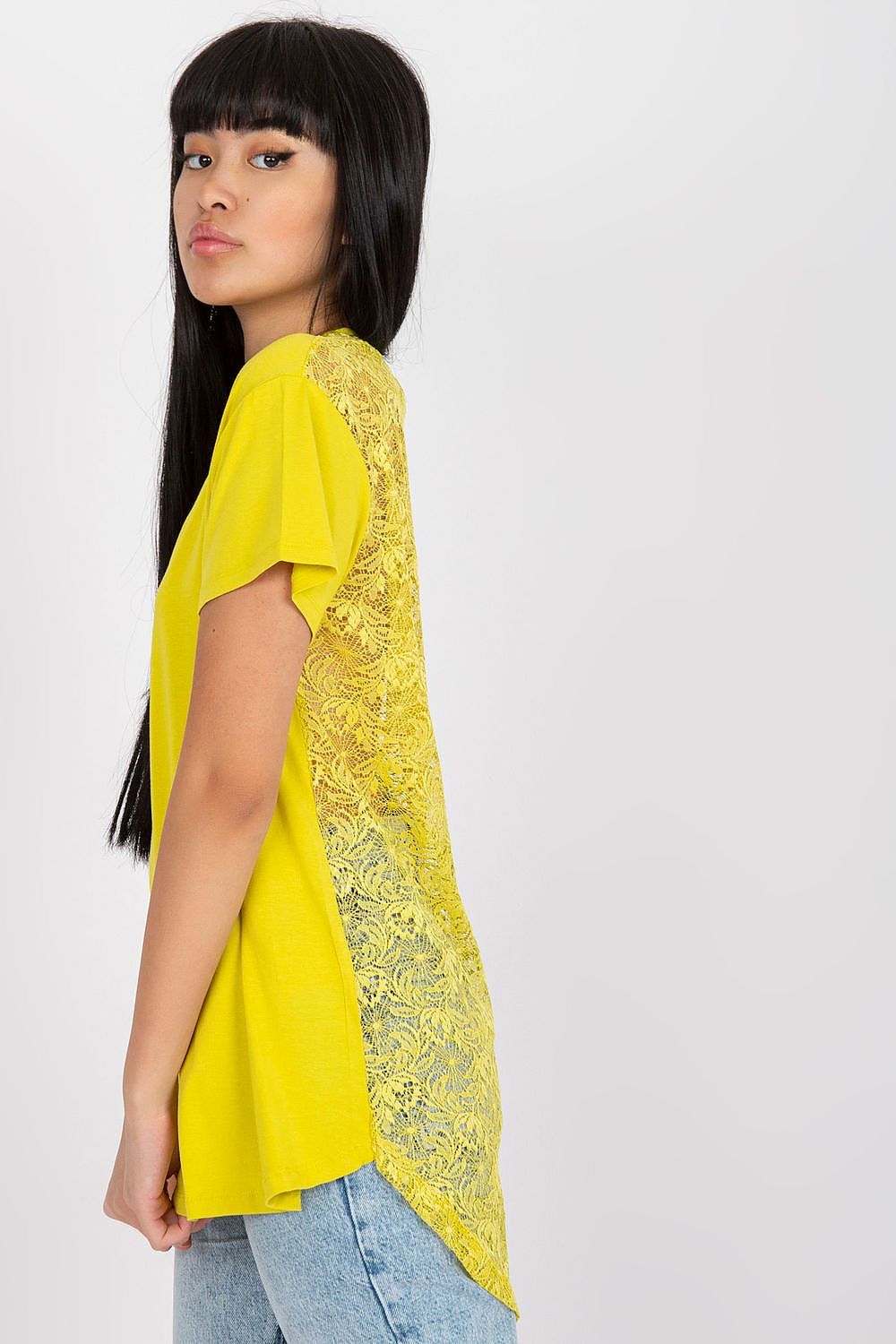 Yellow blouse with lace back panel over the sides and short V-neck sleeves