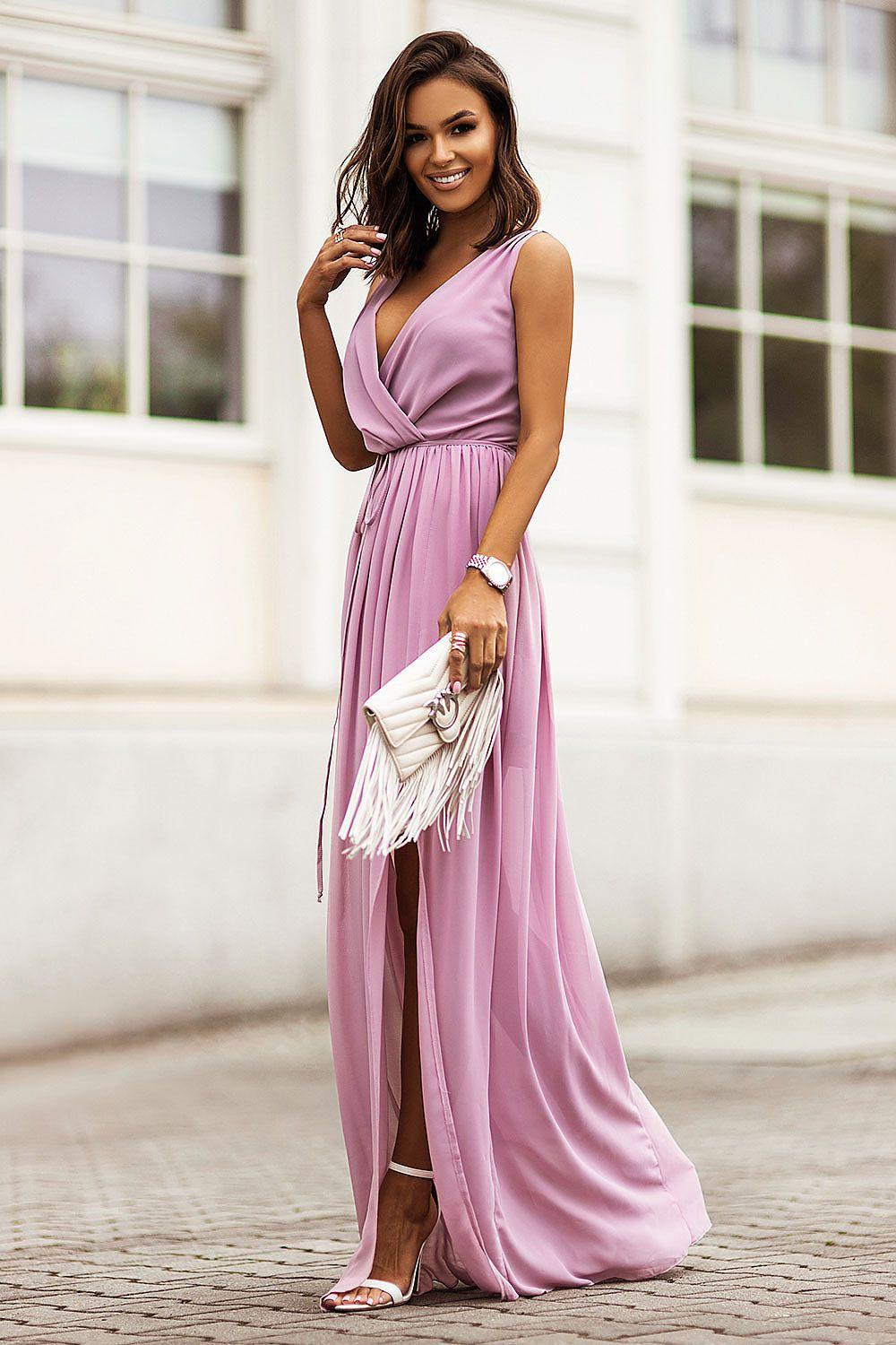 Cocktail dress in mauve pink, sleeveless V-neck with gathered waist and long flowing skirt