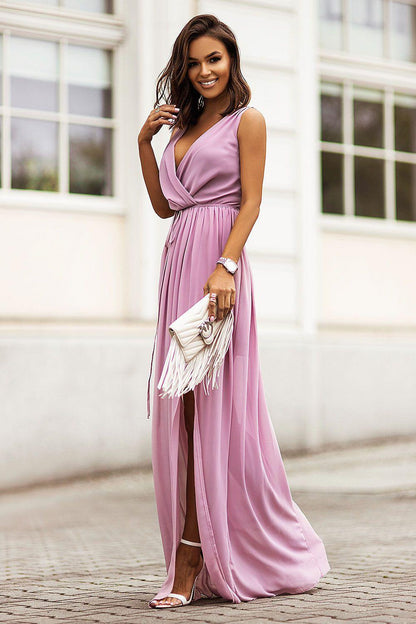 Cocktail dress in mauve pink, sleeveless V-neck with gathered waist and long flowing skirt