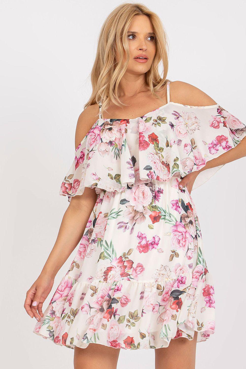 Beige floral daydress with ruffled off-shoulder neckline and tiered skirt