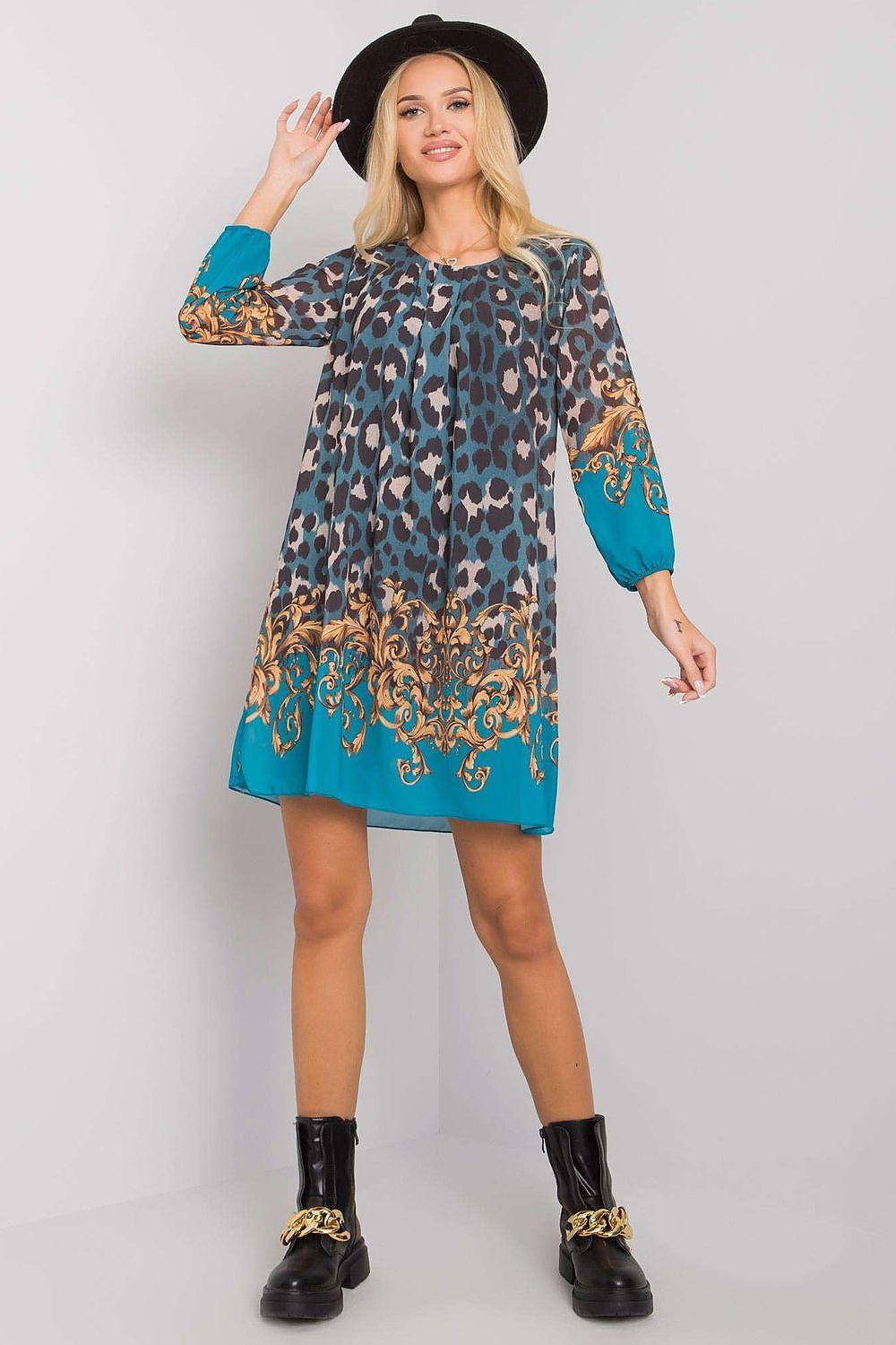 Och Bella daydress in dark teal and navy with leopard print and ornate hem border