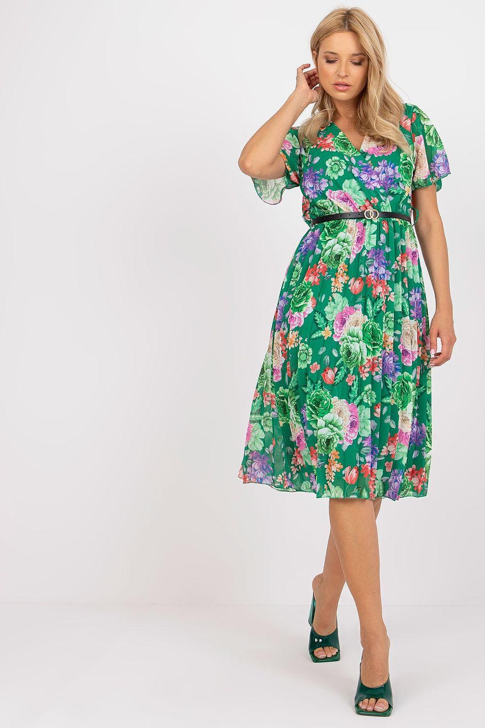 Floral V-neck daydress with puff sleeves and tie belt, green base with pink flowers