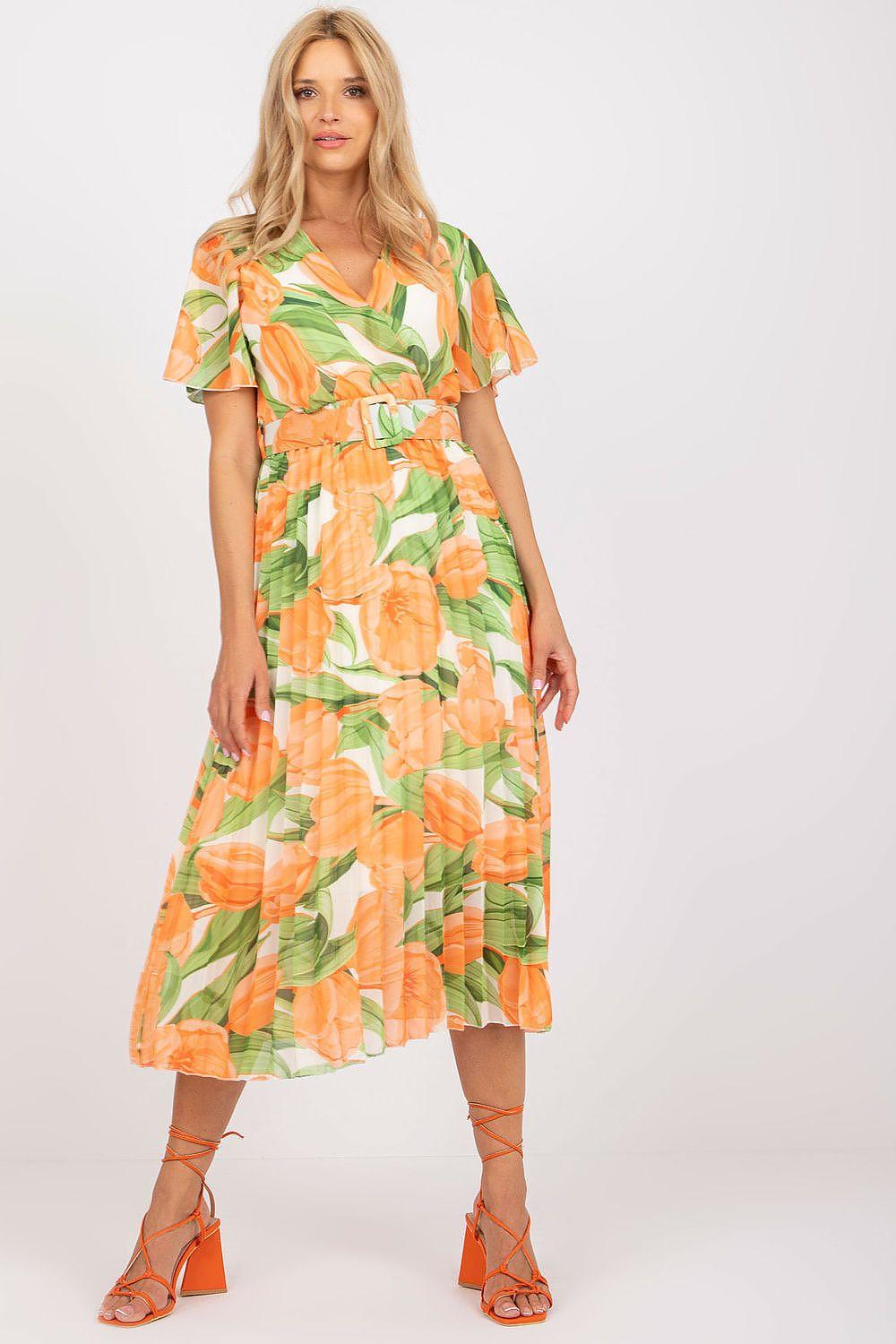 Orange and green floral day dress with ruffled sleeves, V-neck, and tie waist.