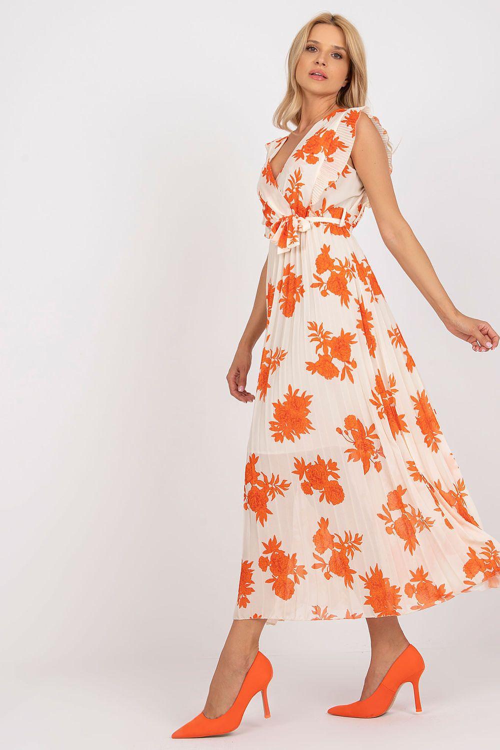 Orange floral sleeveless daydress, V-neck, gathered waist, long A-line skirt