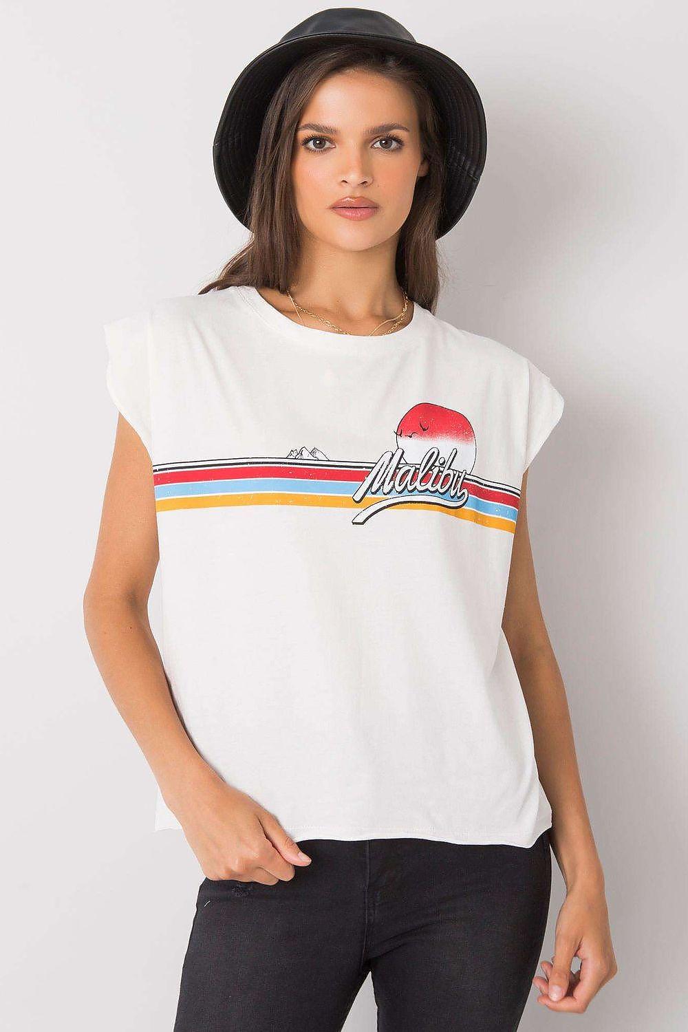 White Malibu tee with red graphic and multicolor striped band, short sleeves