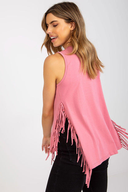 Pink sleeveless V-neck top with long fringe trim along the lower hem
