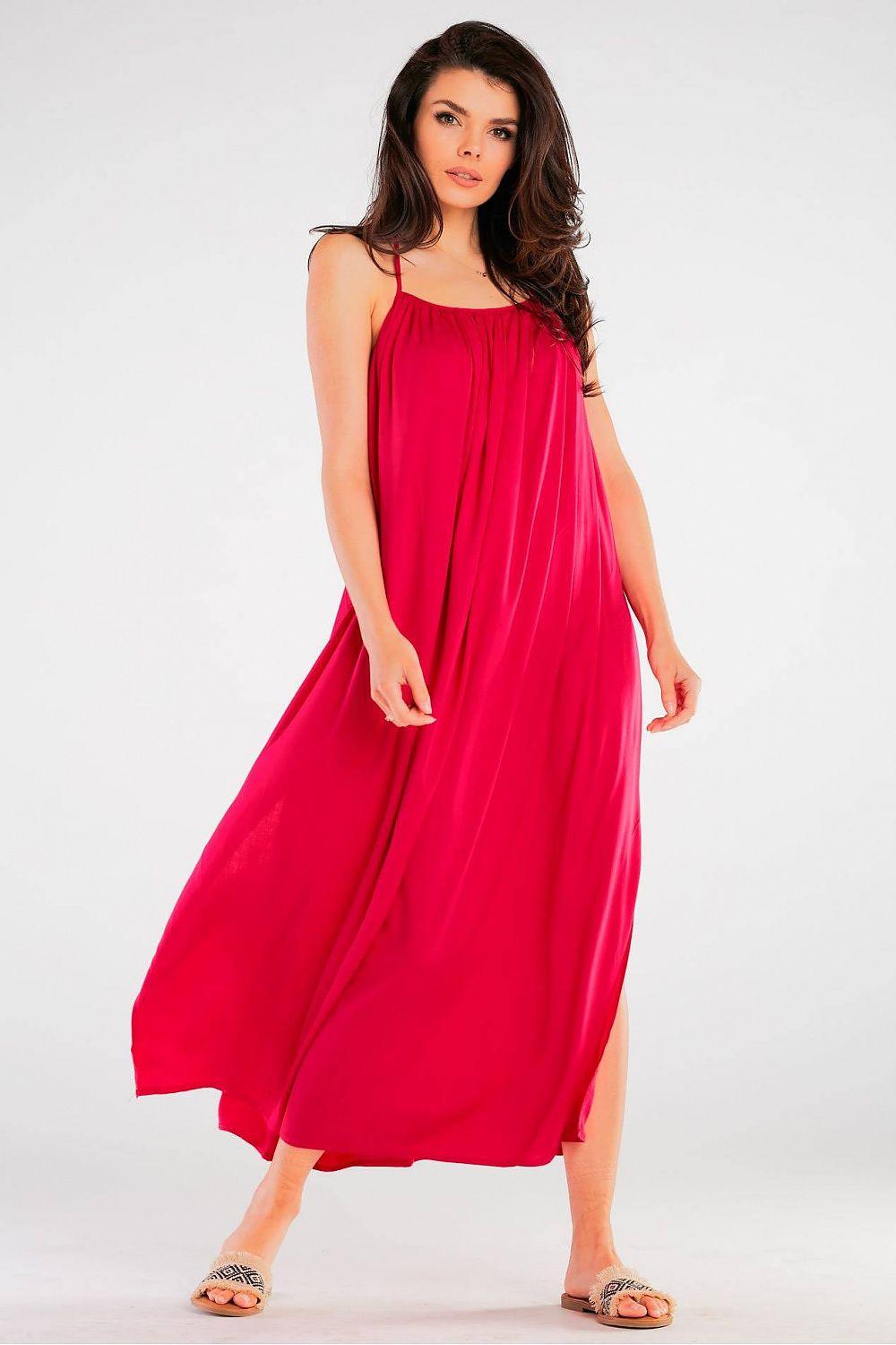Awama sleeveless daydress in red-pink, draped skirt with side slit, spaghetti straps