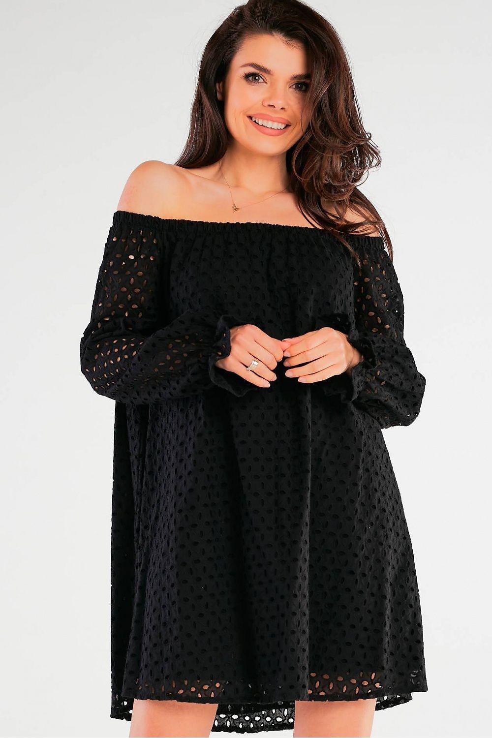 Black off-shoulder daydress with long puff sleeves and eyelet texture, above-knee hem